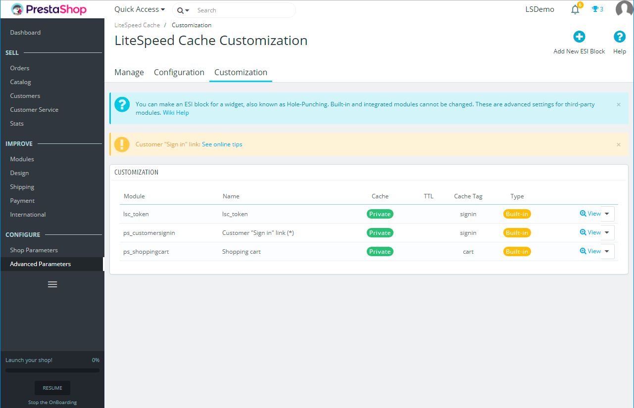 litespeed cache prestashop config