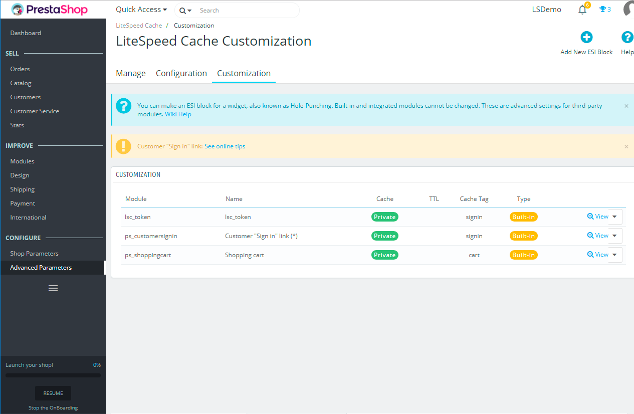 litespeed cache prestashop config