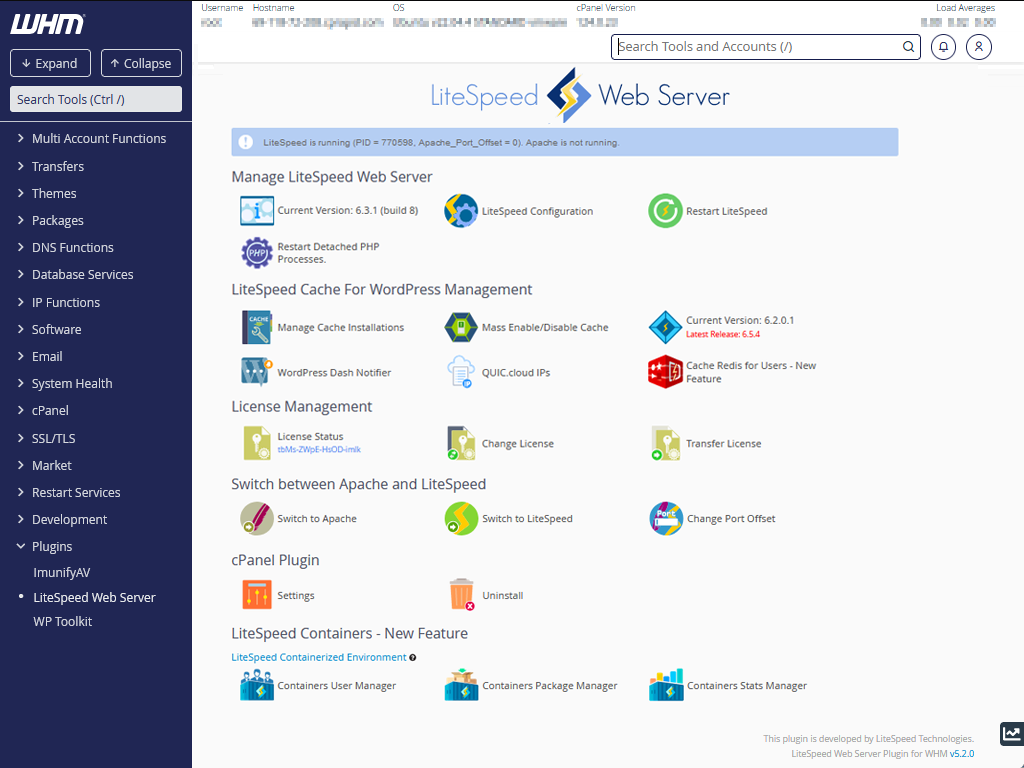 lsws whm plugin interface