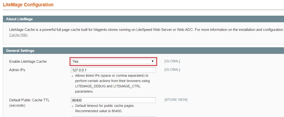 
  - For initial deployment, we recommend running LiteMage in test mode:
    - Under Developer Testing, add your IP address to **Enable LiteMage Cache Only for Listed IPs**. Remove your IP when done with testing. 
  - Click the "Save Config" button at the top of the screen.
  - Navigate to System -> Cache Management. Under "Cache Storage Management", check the box next to "Configuration" and click the "Submit" button to refresh the configuration cache. 

Notes:

  * To turn off LiteMage, set **Enable LiteMage Cache** to "No" and refresh the configuration cache again.
  * If you encounter a "Your installation of LiteSpeed Web Server does not have LiteMage enabled." error message, make sure that your LSWS has the LiteMage module and that you have enabled LiteMage in your Magento ".htaccess" file. (Refer to the "Turn on the LiteMage Module" step above).
  * Once LiteMage Cache is enabled, a “Flush LiteMage Cache” button will show up under System -> Cache Management. If you click “Flush Magento Cache” or “Flush Cache Storage”, it will automatically flush LiteMage Cache as well.
  * For LiteMage to work correctly, you must have both "Configuration" and "Layouts" enabled under System -> Cache Management. If you are using Magento Enterprise, you must also disable "Page Cache".
{{ :litespeed_wiki:cache:magento-cache-management-li-80-e.png?nolink |